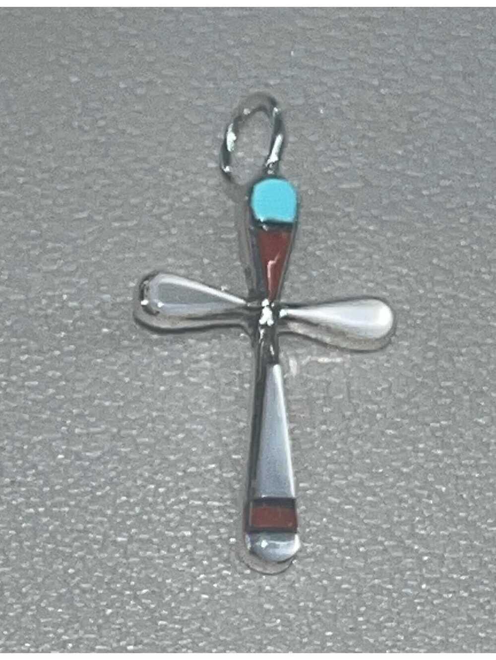 Native American Zuni sterling silver turquoise multi stone cross pendant charm